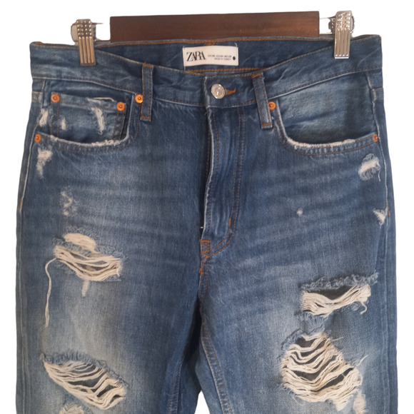 Zara Women's Blue Denim Mid Rise Distressed Straight Leg Jeans Pant Size 4 - Picture 3 of 7